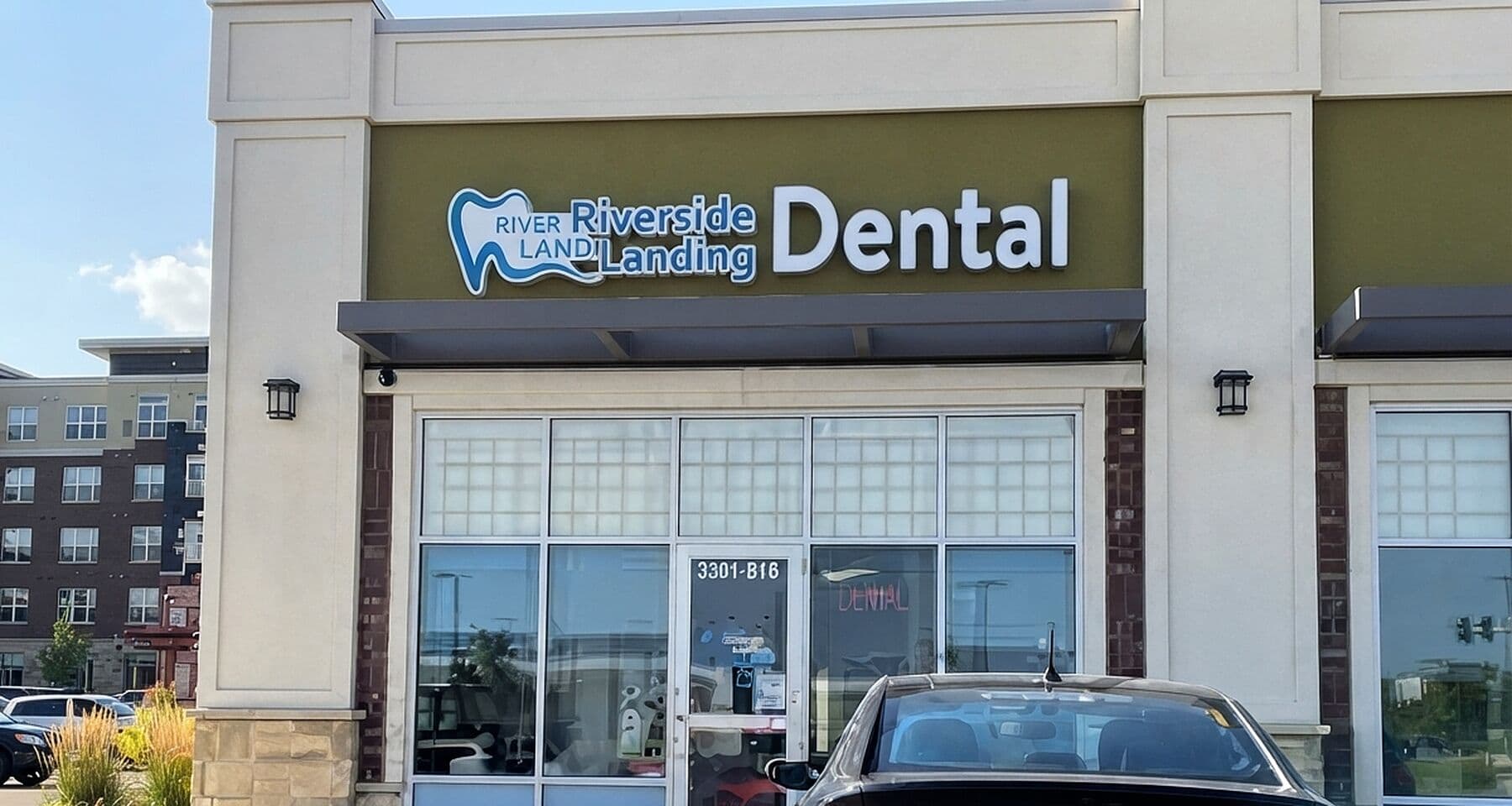 Exterior and signage of Riverside Landing Dental on Rose Gate in St. Albert, Alberta